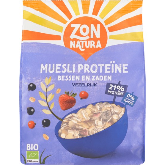 Foto van Zonnatura Muesli proteine op witte achtergrond