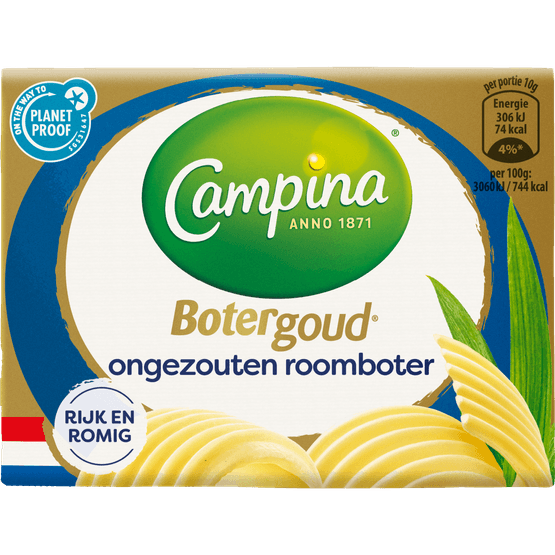 Foto van Campina Botergoud ongezouten op witte achtergrond