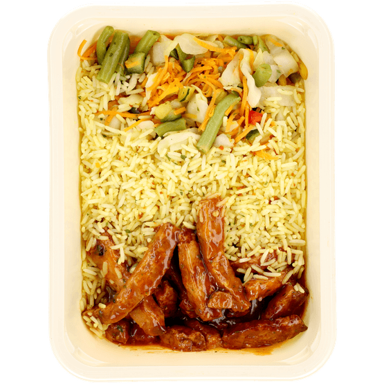 Foto van Mealmasters Babi reepjes sesamsaus en kruidenrijst op witte achtergrond