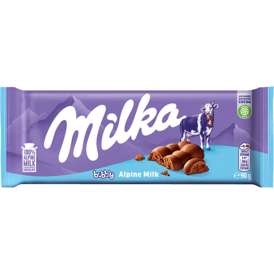 Foto van Milka Chocoladereep bubbly op witte achtergrond