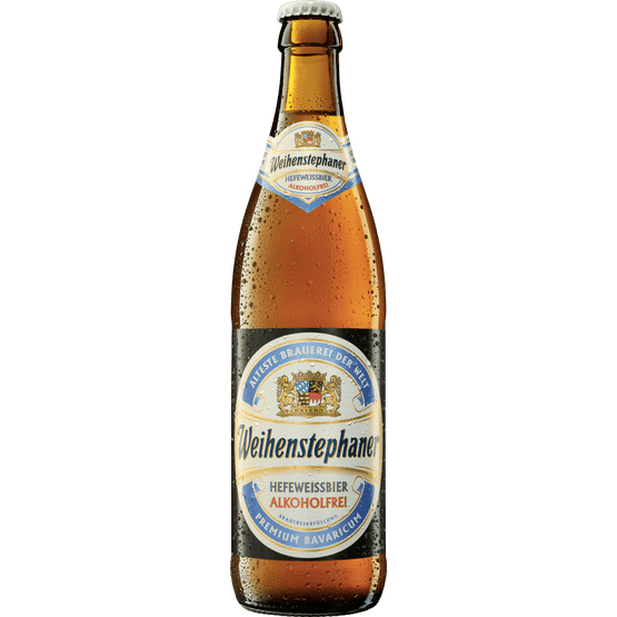 Foto van Weihenstephaner Hefeweissbier 0.5% op witte achtergrond
