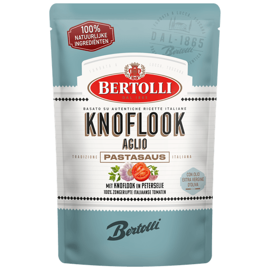 Foto van Bertolli Pastasaus in zak knoflook op witte achtergrond