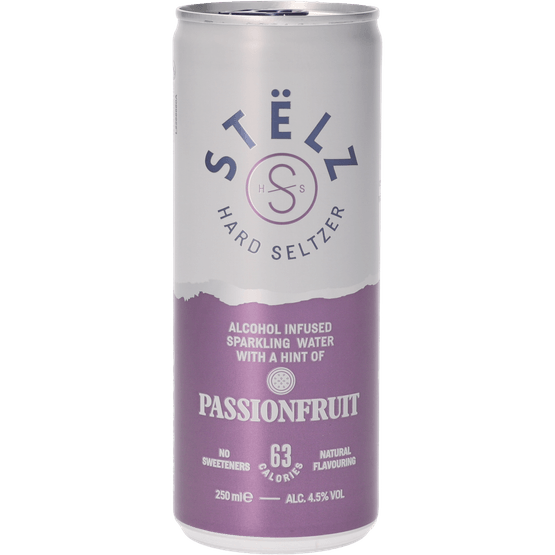 Foto van Stelz Hard seltzer passionfruit op witte achtergrond
