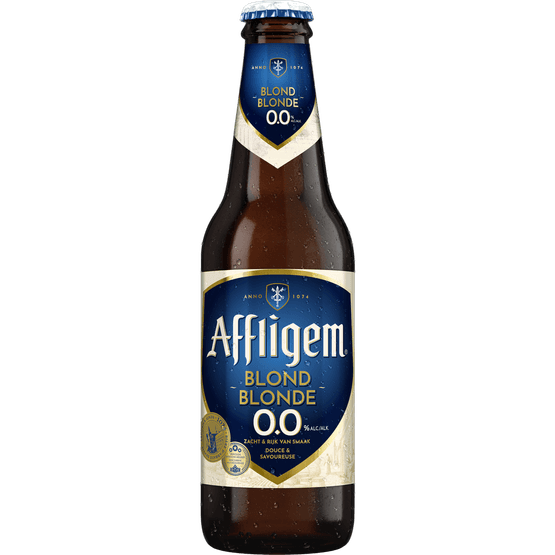 Foto van Affligem Blond 0.0% op witte achtergrond