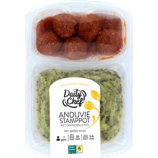 Foto van Daily Chef Andijvie stamppot met gehaktballetjes op witte achtergrond