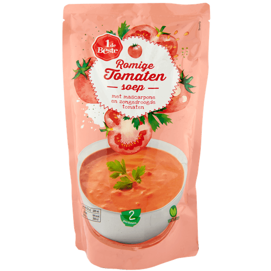 Foto van 1 de Beste Soep in zak romige tomaat op witte achtergrond