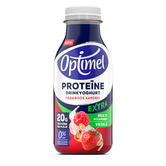 Foto van Optimel Drinkyoghurt protein framboos aardbei op witte achtergrond