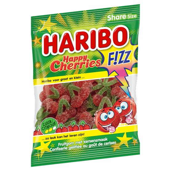 Foto van Haribo Happy cherries fizz op witte achtergrond