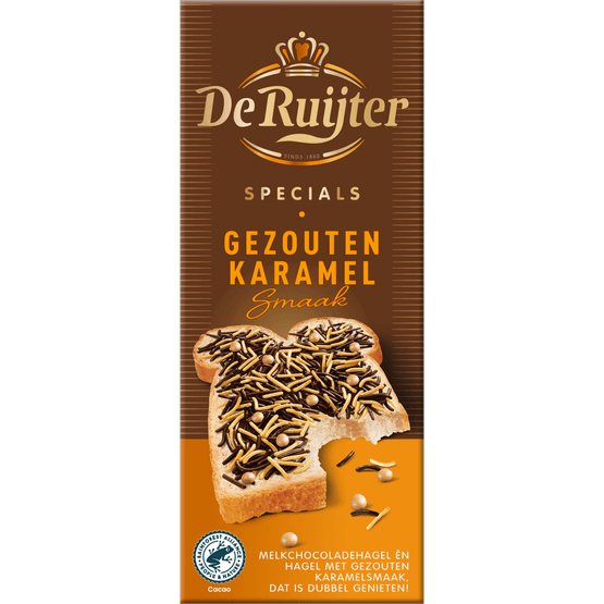 Foto van De Ruijter Chocoladehagel specials gezouten karamel op witte achtergrond
