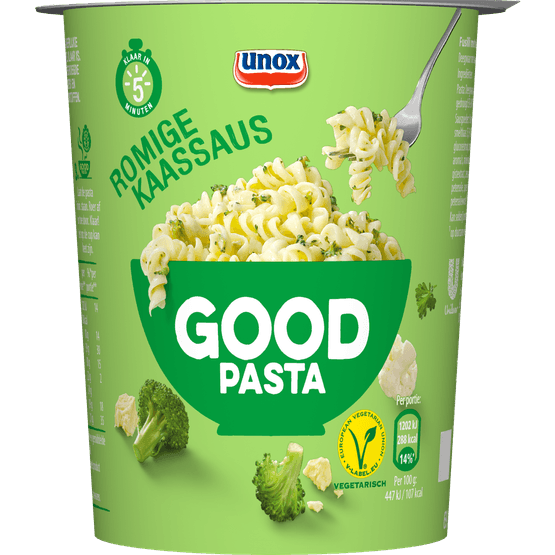 Foto van Unox Good pasta romige kaassaus op witte achtergrond
