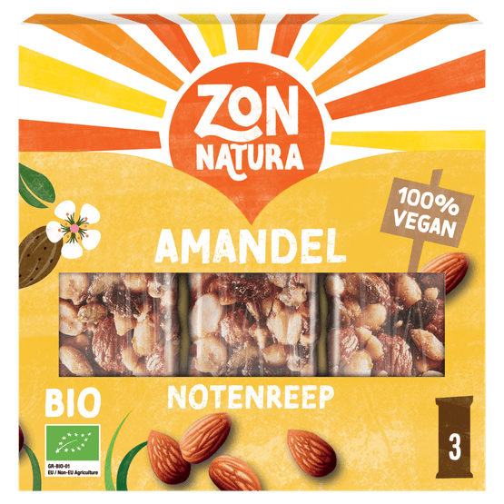Foto van Zonnatura Biologische notenmix reep amandel 3 stuks op witte achtergrond
