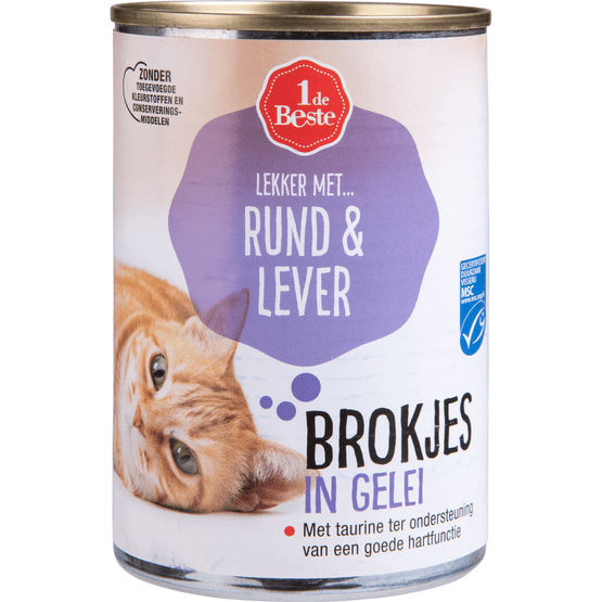 Foto van 1 de Beste Kattenvoer rund-lever in gelei op witte achtergrond