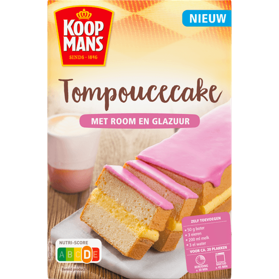 Foto van Koopmans Tompoucecake mix op witte achtergrond