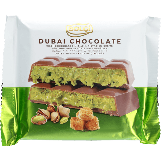 Foto van Bolci Dubai chocoladereep pistachio kadayif op witte achtergrond