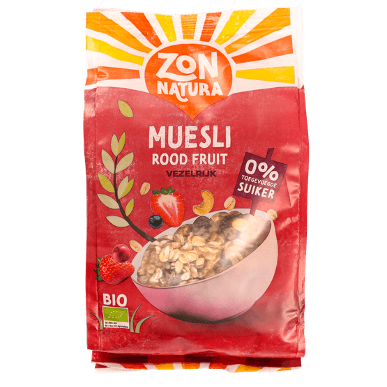 Foto van Zonnatura Muesli bio rood fruit vezelrijk op witte achtergrond
