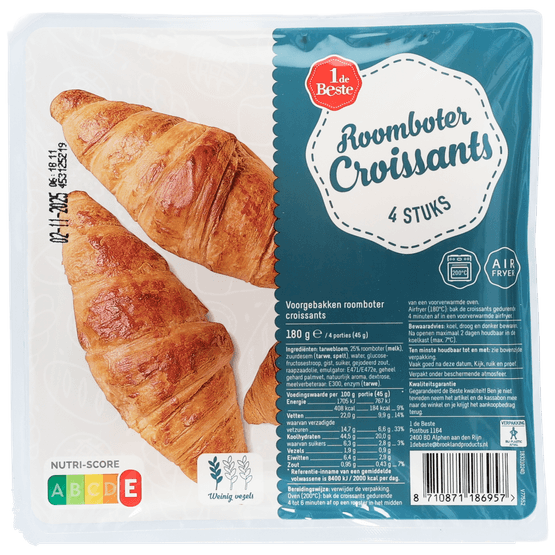 Foto van 1 de Beste Roomboter croissants 4 stuks op witte achtergrond