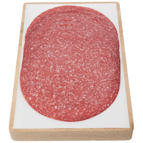 Foto van 1 de Beste Wijncervelaat gerookt op witte achtergrond