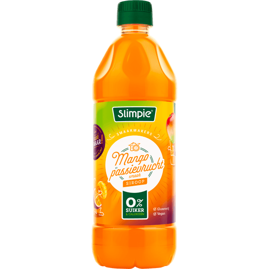 Foto van Slimpie Limonadesiroop mango-passievrucht 0% op witte achtergrond