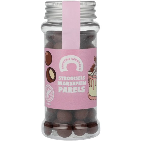 Foto van Bakken & Versieren Marsepein parels melk chocolade op witte achtergrond