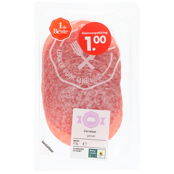 Foto van 1 de Beste Cervelaat gerookt op witte achtergrond