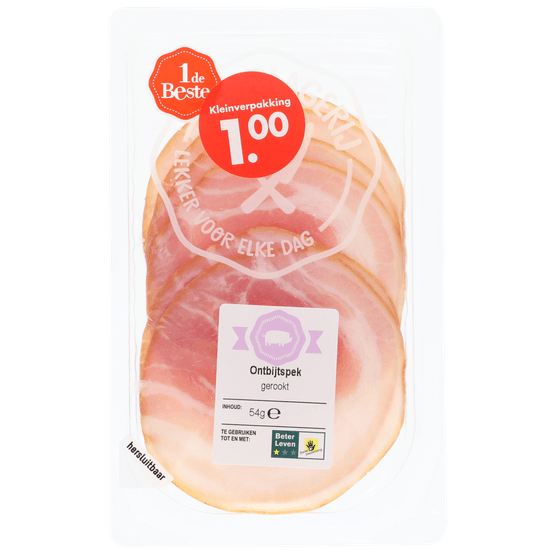Foto van 1 de Beste Ontbijtspek gerookt op witte achtergrond