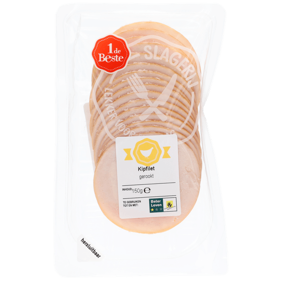 Foto van 1 de Beste Kipfilet gerookt op witte achtergrond