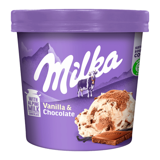 Foto van Milka Vanille chocolade pint op witte achtergrond