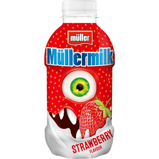 Foto van Müller Müllermilk aardbei op witte achtergrond