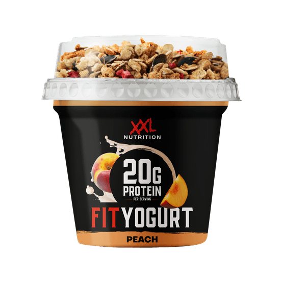 Foto van XXL Fit High protein yoghurt to go perzik op witte achtergrond