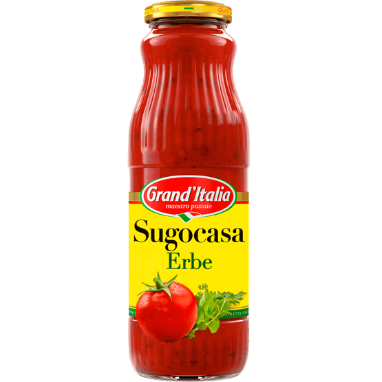 Foto van Grand'Italia Sugocasa erbe tomaat met kruiden op witte achtergrond