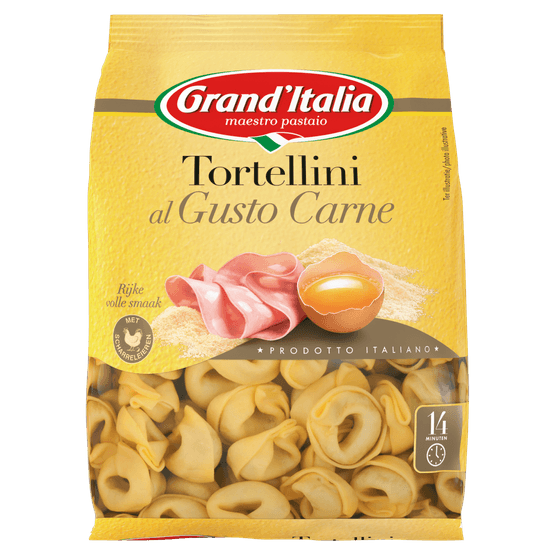 Foto van Grand'Italia Tortellini gusto carne op witte achtergrond