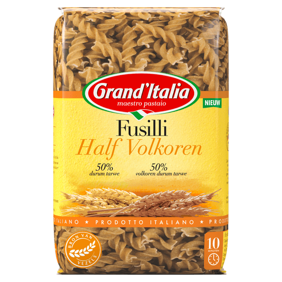 Foto van Grand'Italia Fusilli half volkoren op witte achtergrond