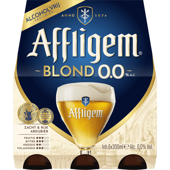 Foto van Affligem Blond 0.0% op witte achtergrond