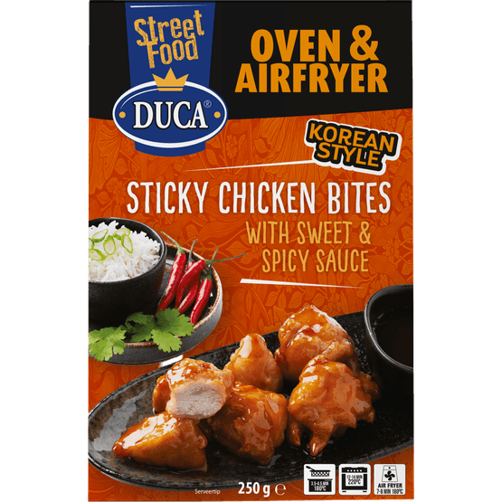 Foto van Duca Sticky chicken bites sweet&spicy op witte achtergrond