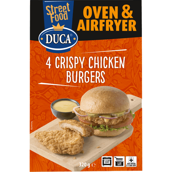Foto van Duca Crispy chicken burgers op witte achtergrond