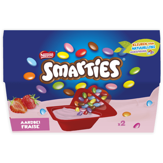 Foto van Nestlé Smarties yoghurt aardbei 2 stuks op witte achtergrond