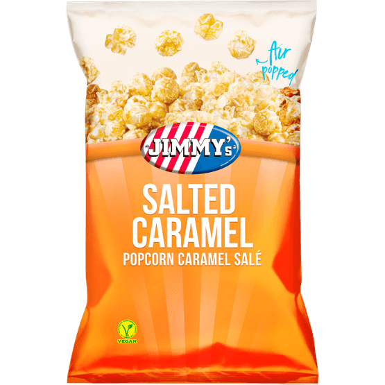 Foto van Jimmy's Popcorn salted caramel op witte achtergrond