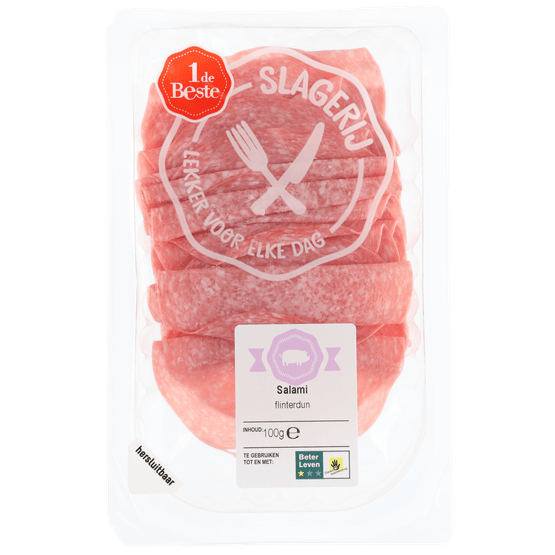 Foto van 1 de Beste Salami flinterdun op witte achtergrond