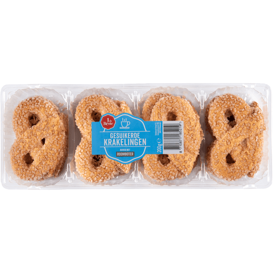 Foto van 1 de Beste Krakelingen gesuikerd op witte achtergrond