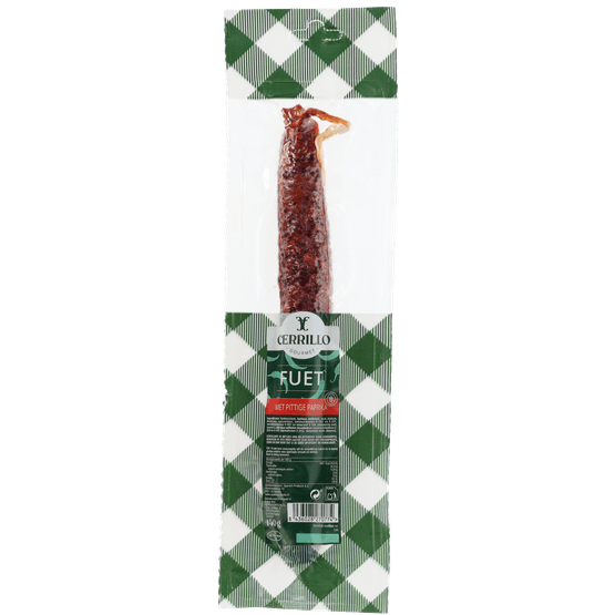 Foto van Cerrillo Fuet extra paprika op witte achtergrond