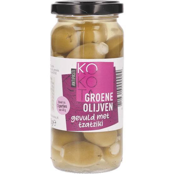 Foto van Kokota Gevulde groenen olijven met tzatziki op witte achtergrond