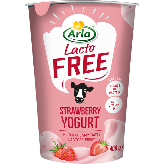 Foto van Arla Lactofree yoghurt aardbei op witte achtergrond