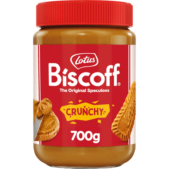 Foto van Lotus Biscoff speculaaspasta crunchy op witte achtergrond