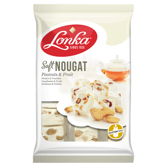 Foto van Lonka Soft nougat pinda-vruchten op witte achtergrond