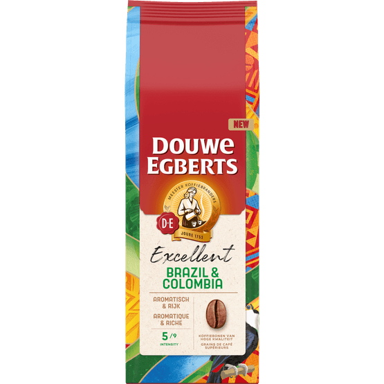 Foto van Douwe Egberts Koffiebonen excellent brazilie & colombia op witte achtergrond