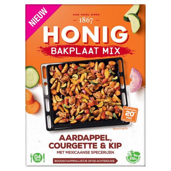 Foto van Honig Bakplaat mix mex. courgette & kip op witte achtergrond