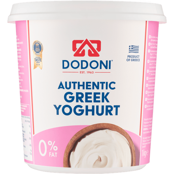 Foto van Dodoni Griekse yoghurt 0% vet op witte achtergrond