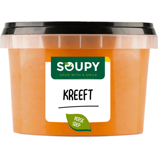 Foto van Soupy Verse kreeftensoep op witte achtergrond