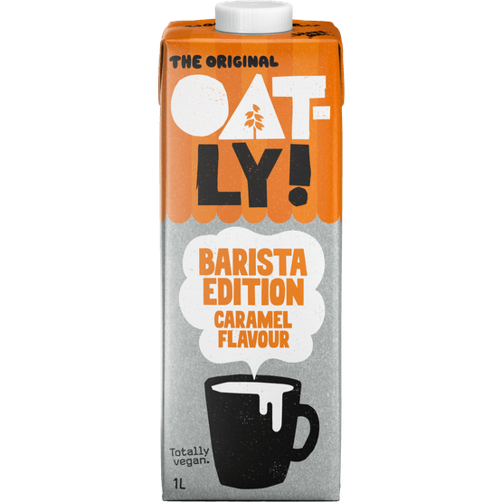 Foto van Oatly Haver barista caramel flavour op witte achtergrond