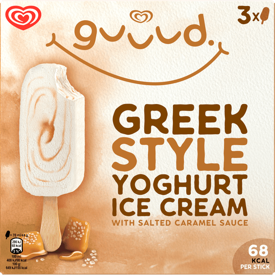 Foto van Ola Greek yoghurt salted caramel op witte achtergrond